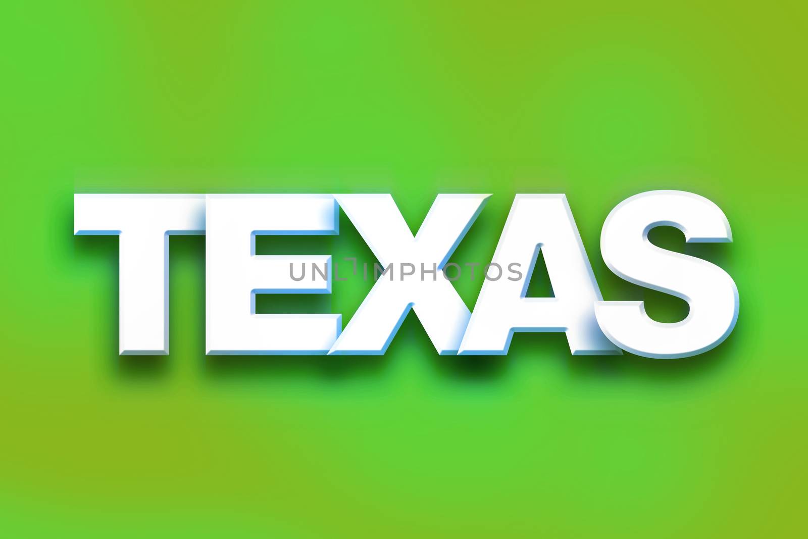 The word "Texas" written in white 3D letters on a colorful background concept and theme.