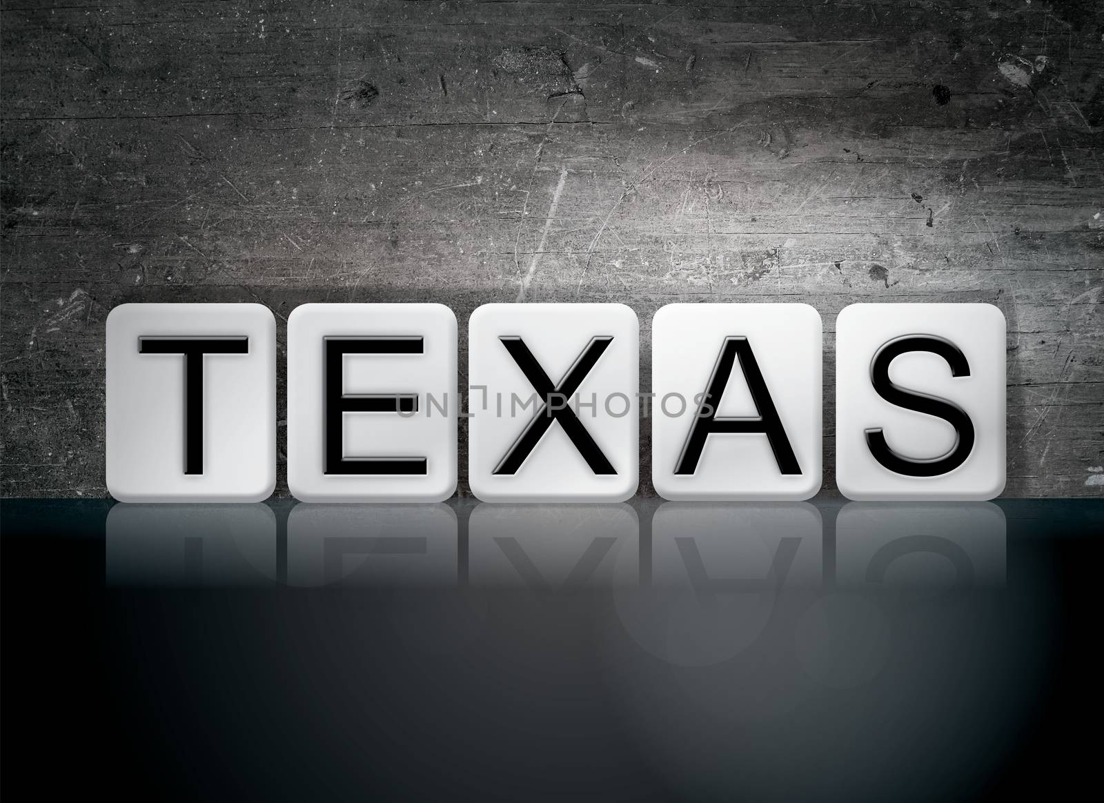 The word "Texas" written in white tiles against a dark vintage grunge background.