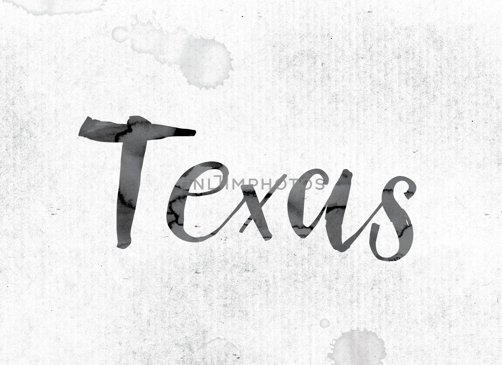 The word "Texas" concept and theme painted in watercolor ink on a white paper.
