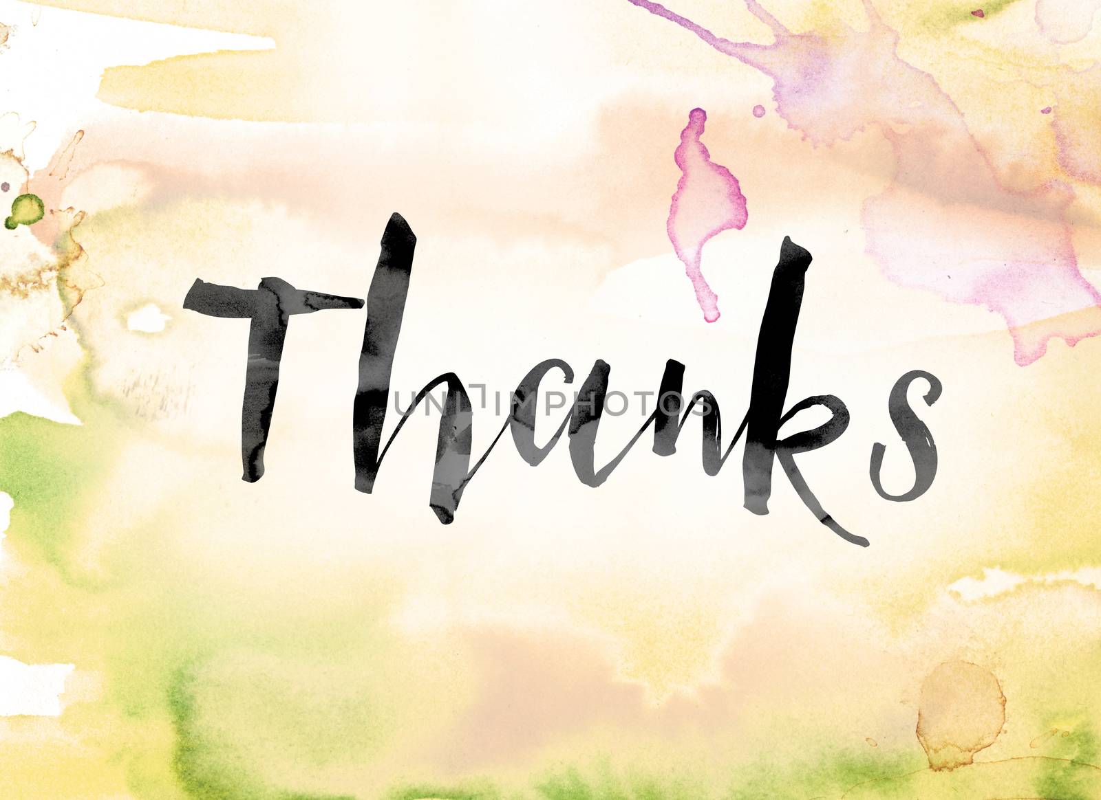 The word "Thanks" painted in black ink over a colorful watercolor washed background concept and theme.