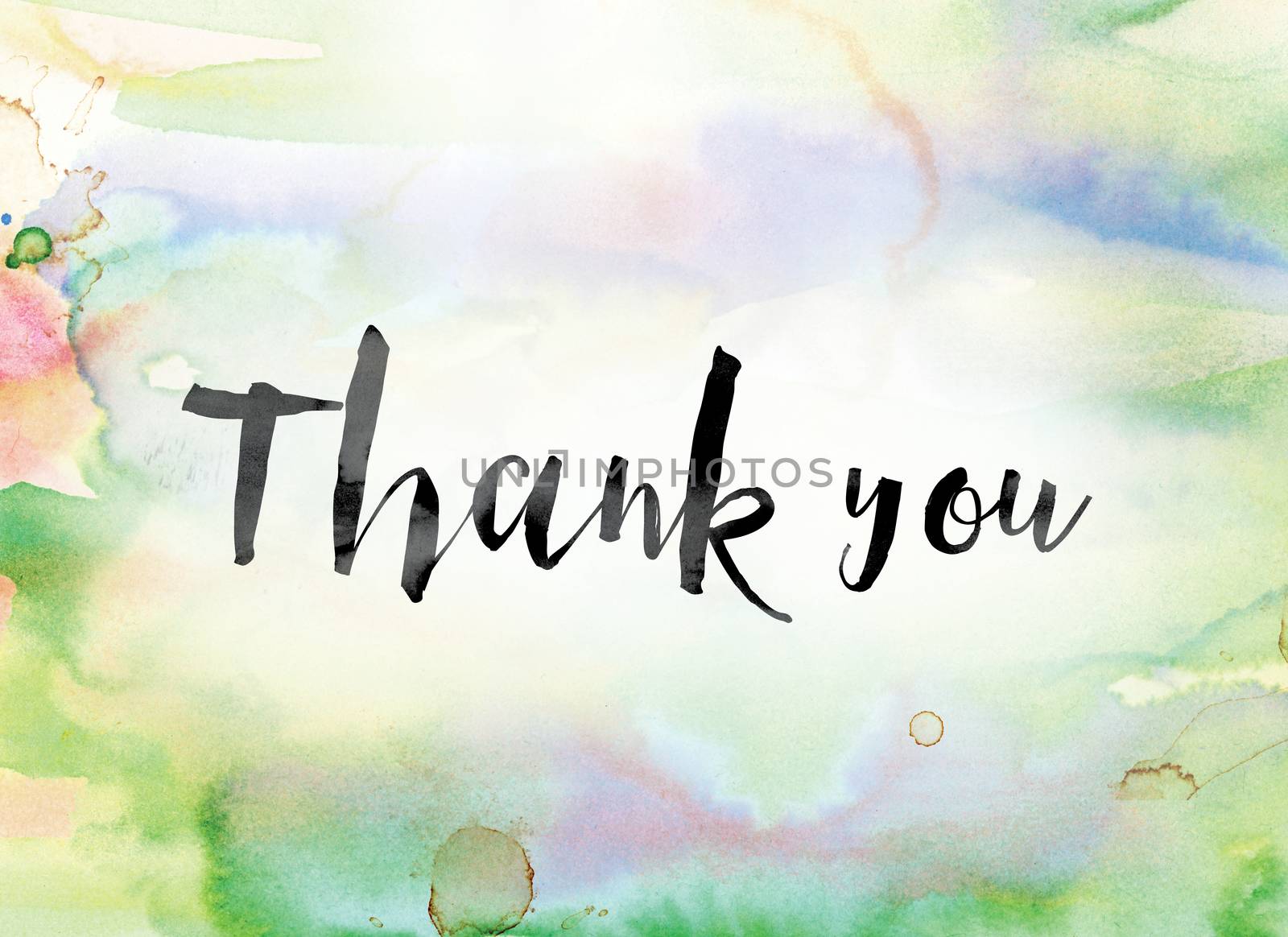 The word "Thank you" painted in black ink over a colorful watercolor washed background concept and theme.