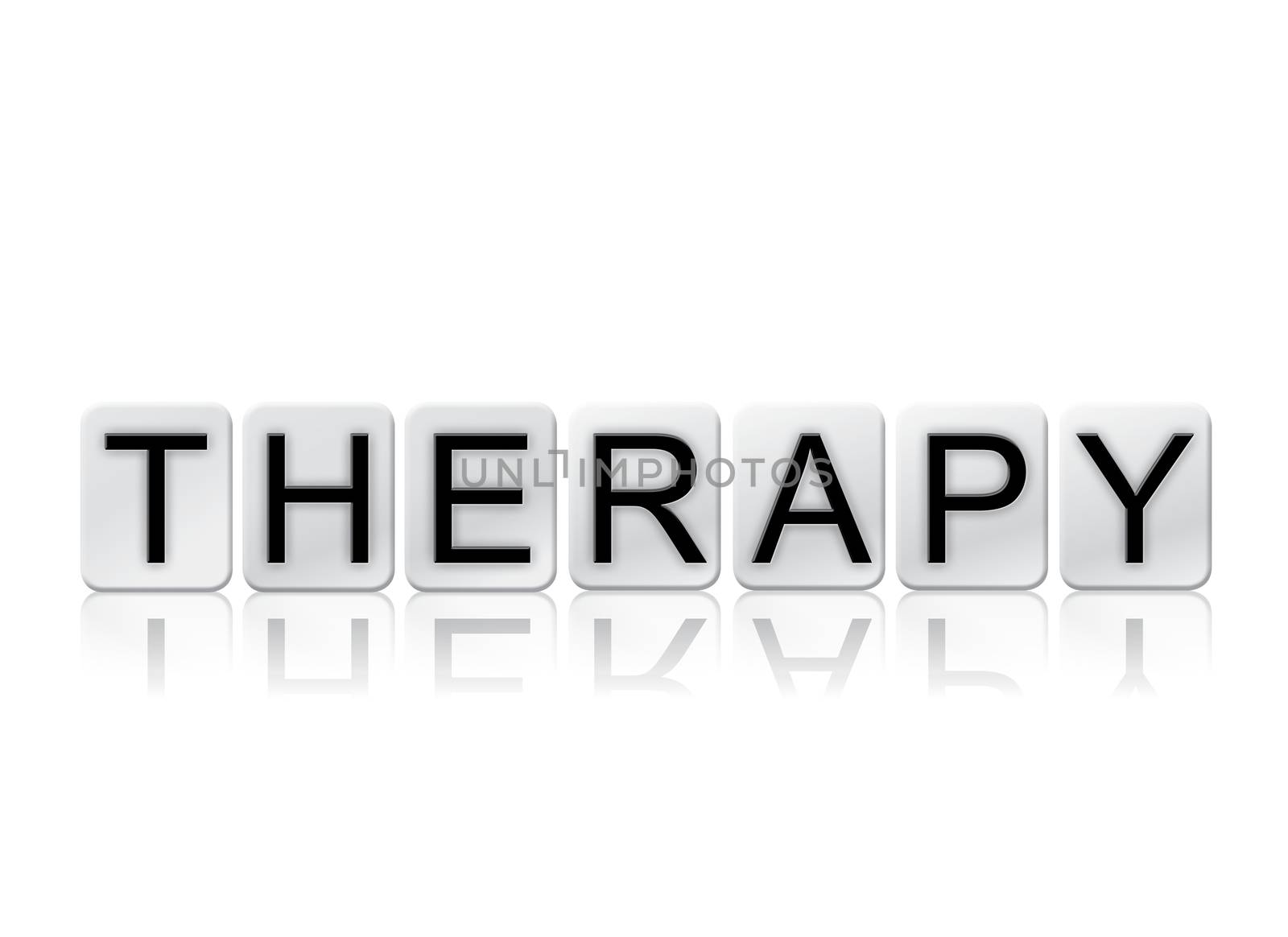 The word "Therapy" written in tile letters isolated on a white background.