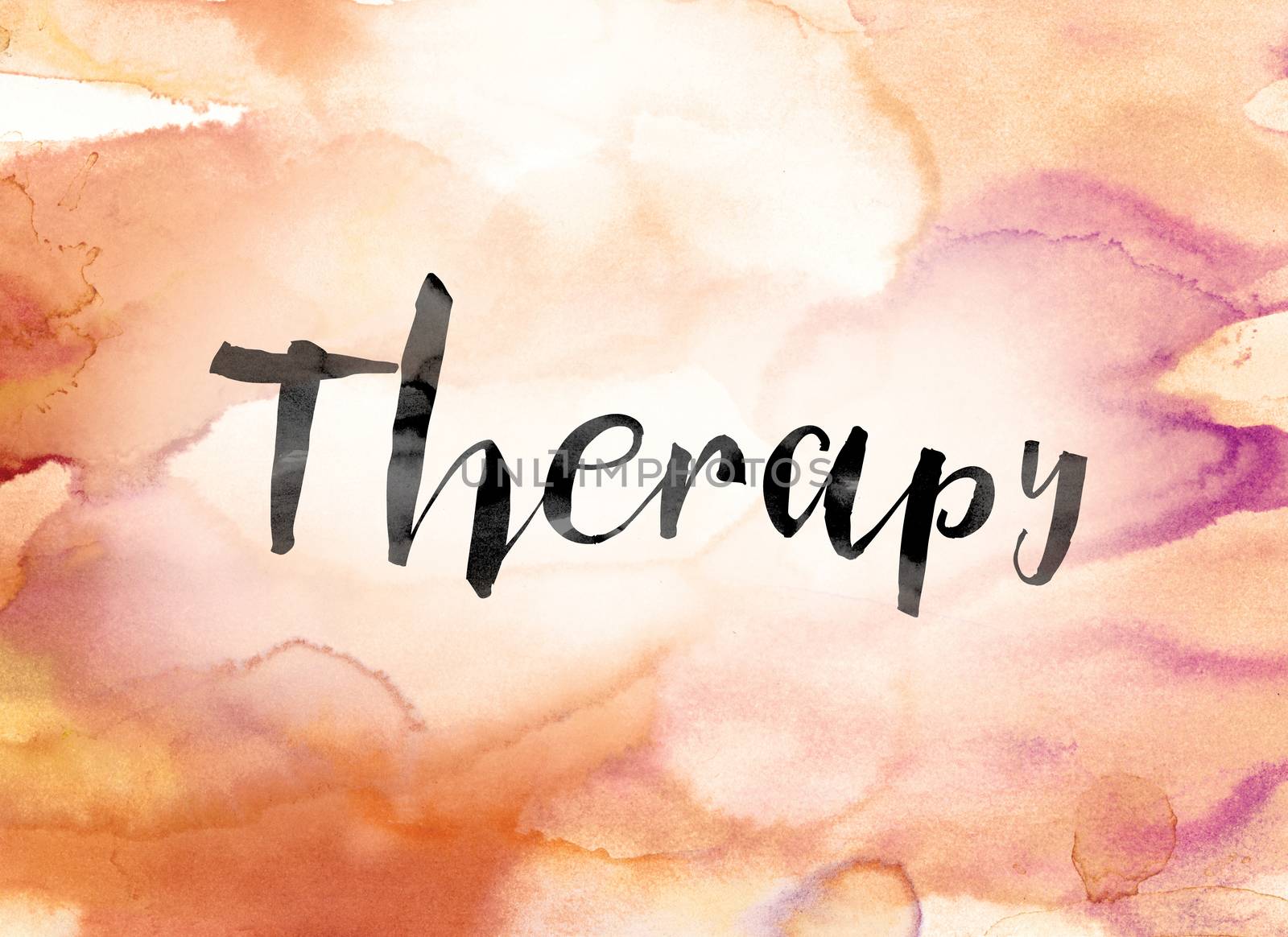 The word "Therapy" painted in black ink over a colorful watercolor washed background concept and theme.