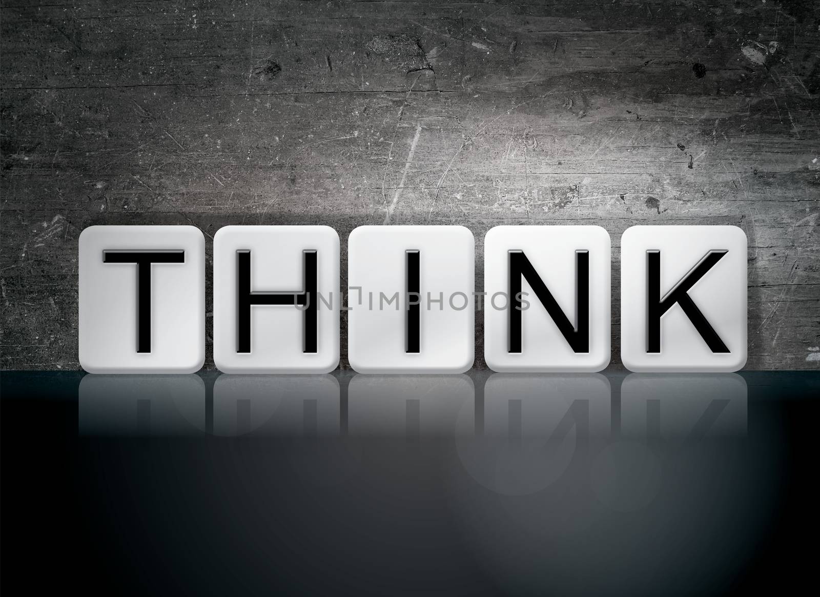 The word "Think" written in white tiles against a dark vintage grunge background.