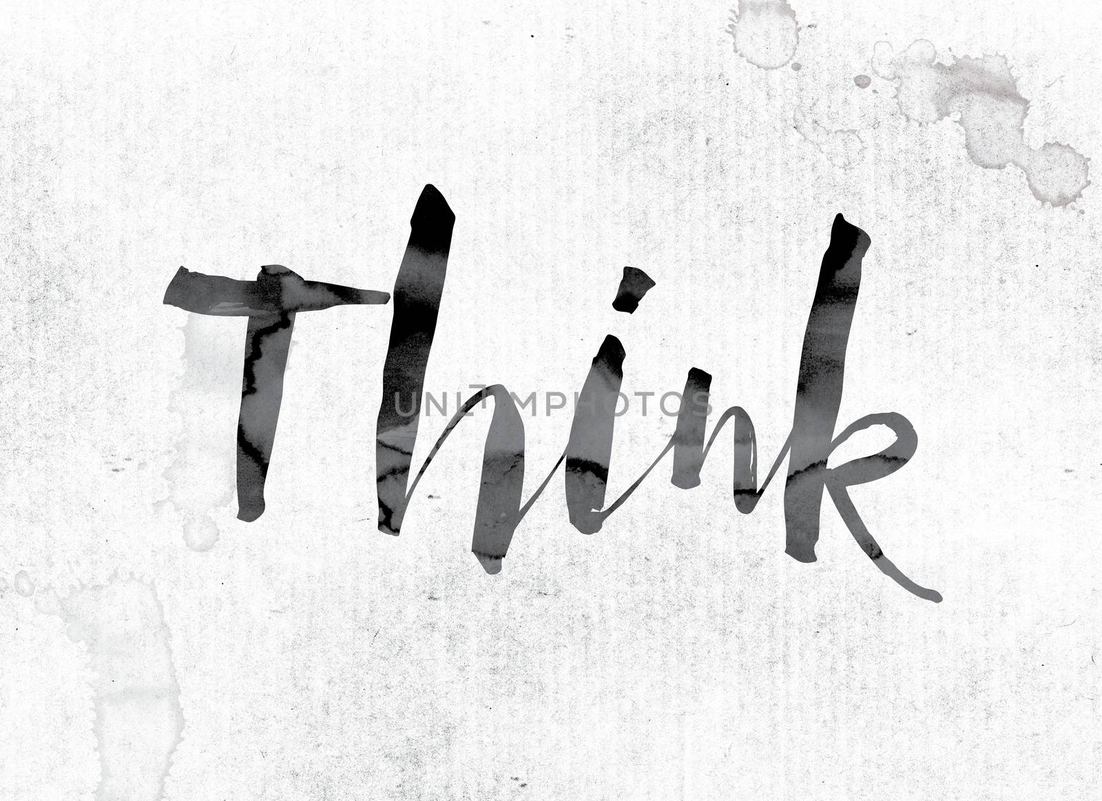 The word "Think" concept and theme painted in watercolor ink on a white paper.
