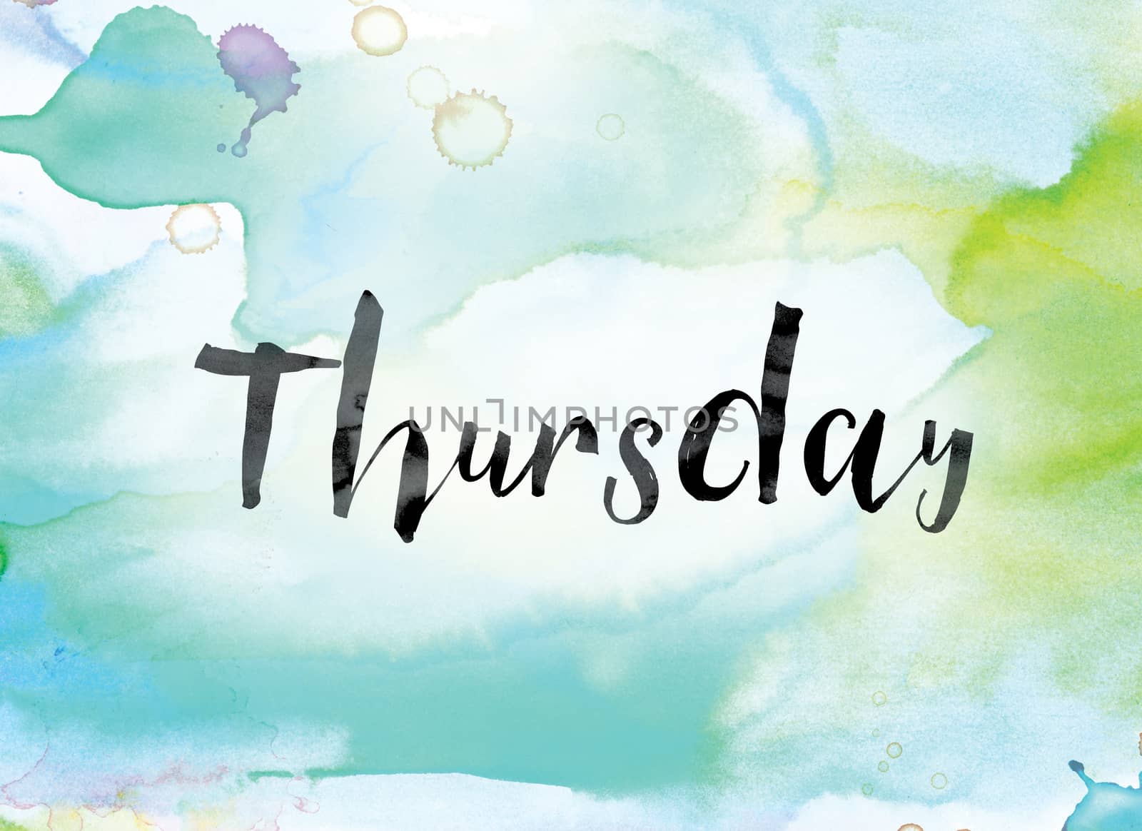The word "Thursday" painted in black ink over a colorful watercolor washed background concept and theme.