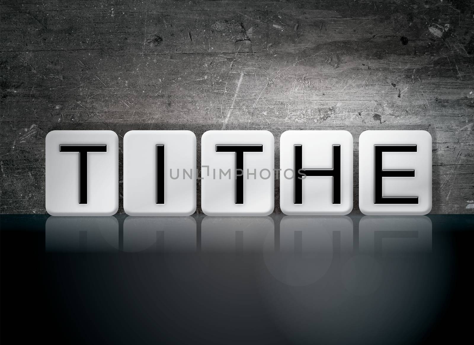 The word "Tithe" written in white tiles against a dark vintage grunge background.