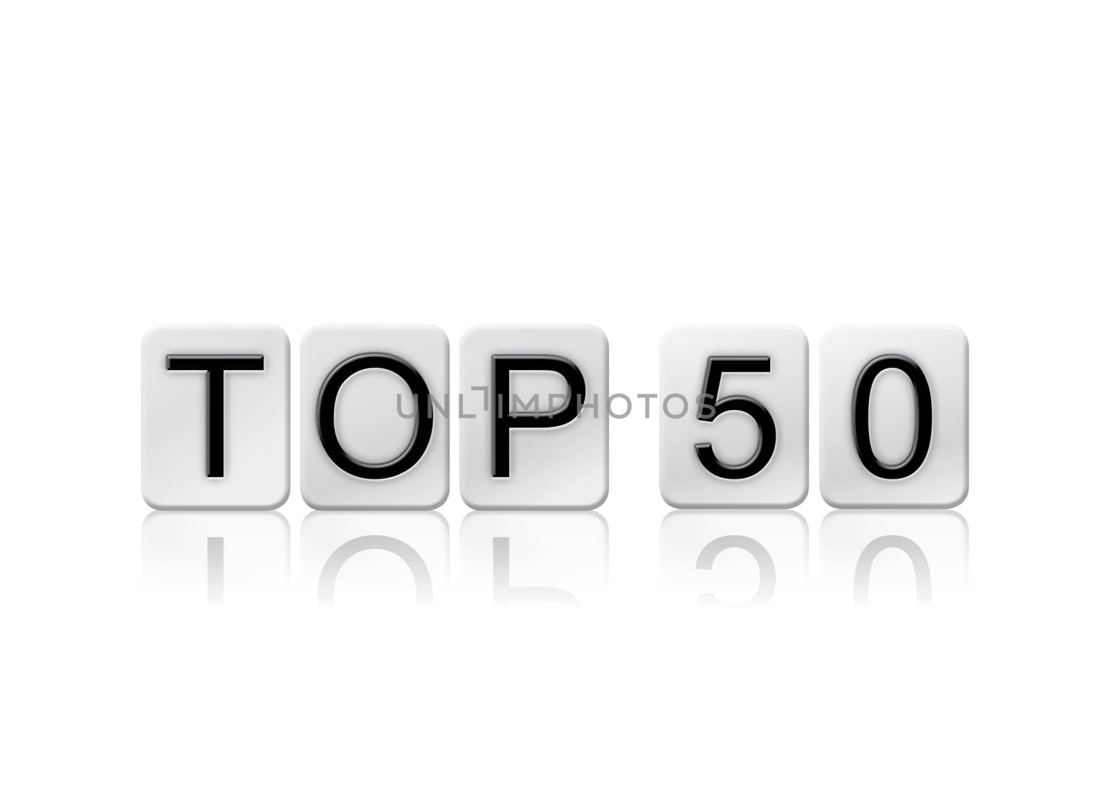 The word "Top 50" written in tile letters isolated on a white background.