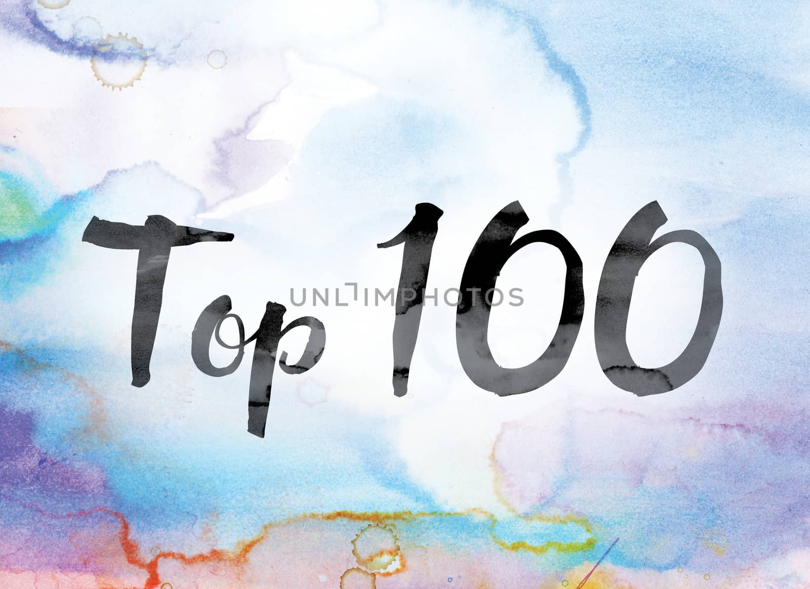 The word "Top 100" painted in black ink over a colorful watercolor washed background concept and theme.