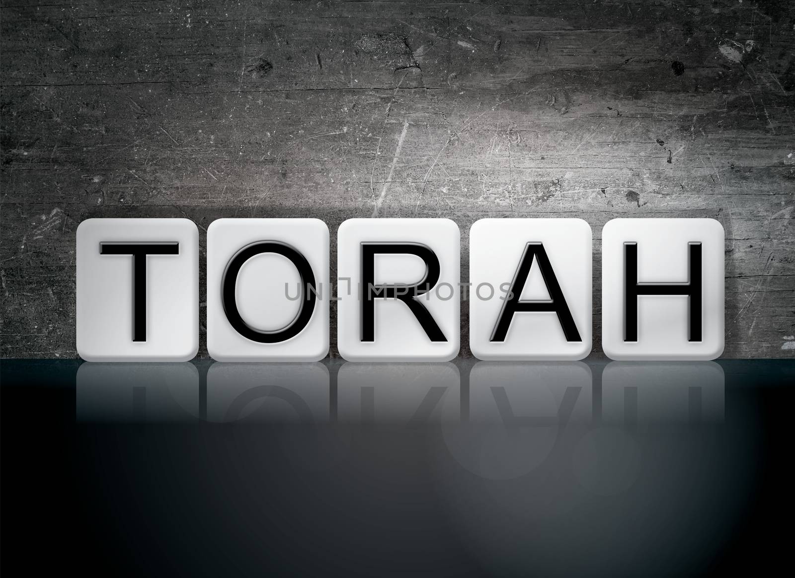 The word "Torah" written in white tiles against a dark vintage grunge background.