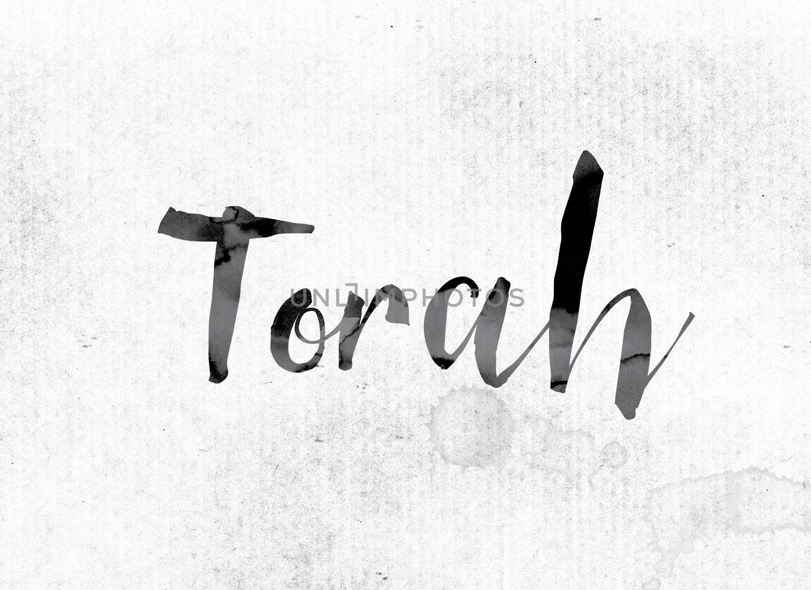 The word "Torah" concept and theme painted in watercolor ink on a white paper.