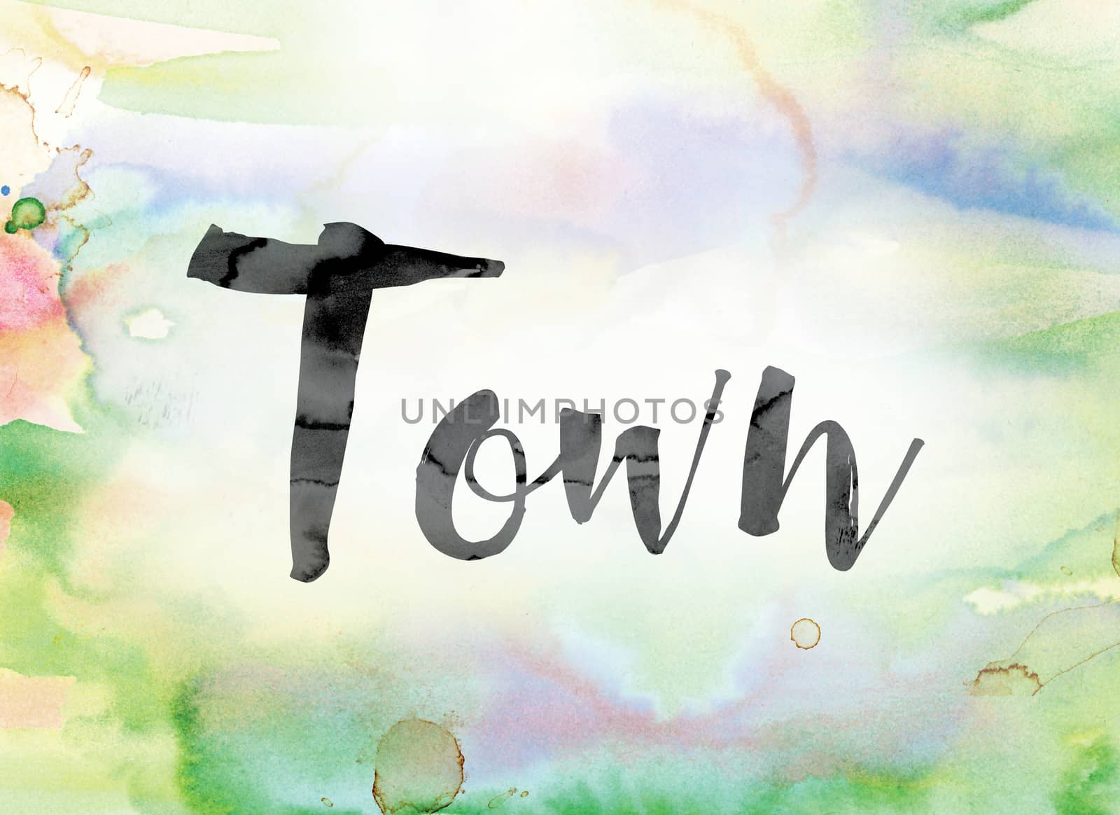 The word "Town" painted in black ink over a colorful watercolor washed background concept and theme.