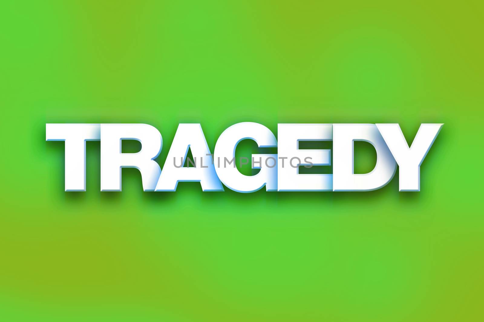 The word "Tragedy" written in white 3D letters on a colorful background concept and theme.
