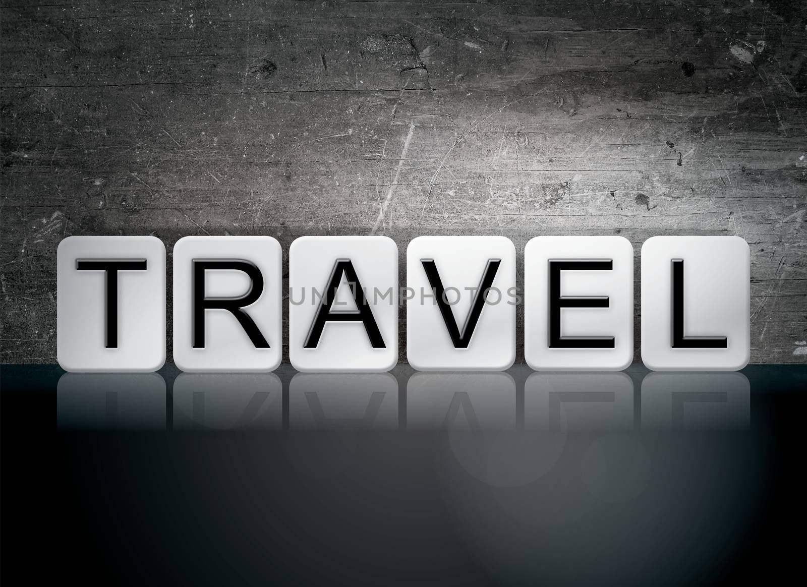 The word "Travel" written in white tiles against a dark vintage grunge background.