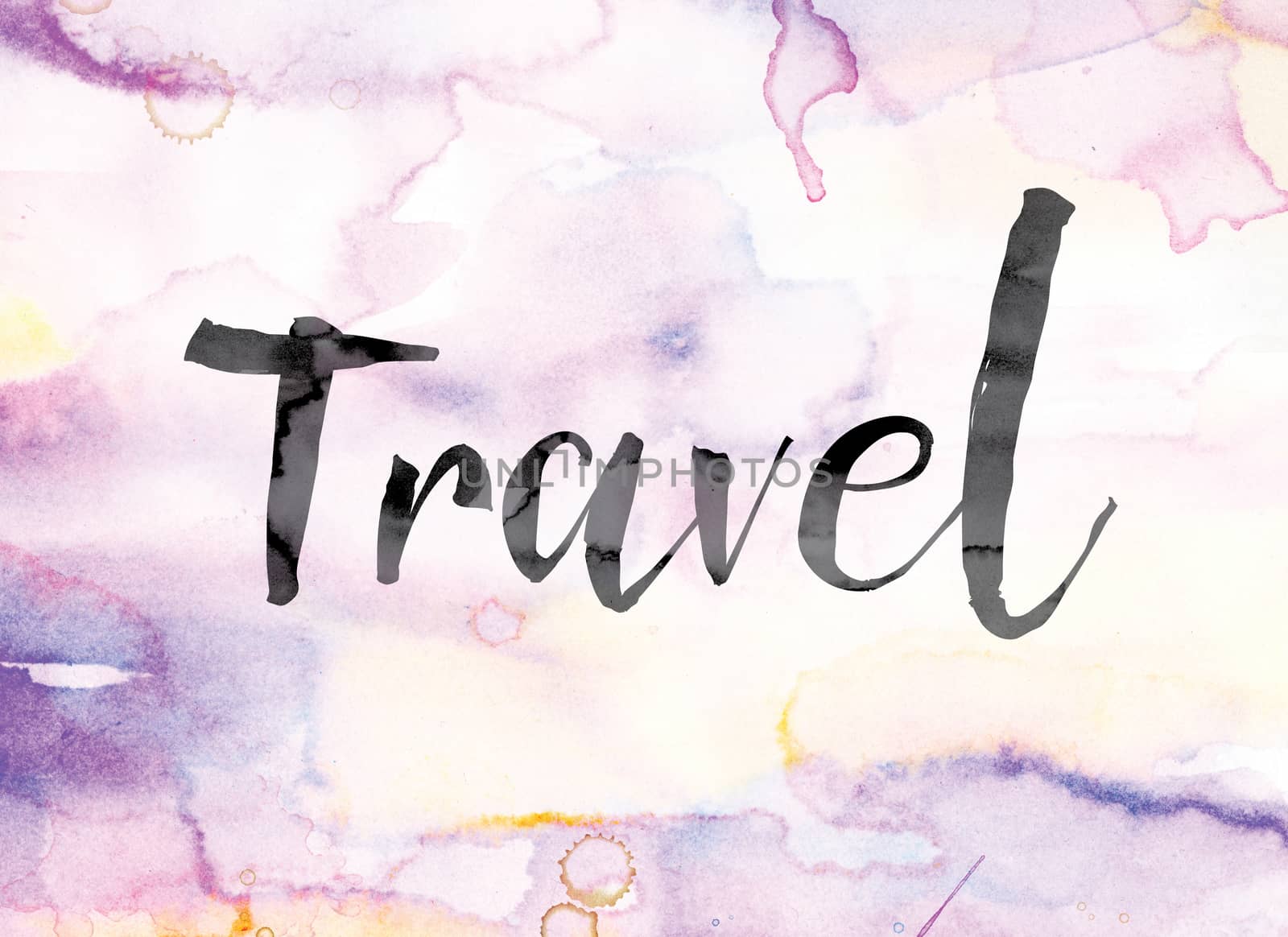 The word "Travel" painted in black ink over a colorful watercolor washed background concept and theme.