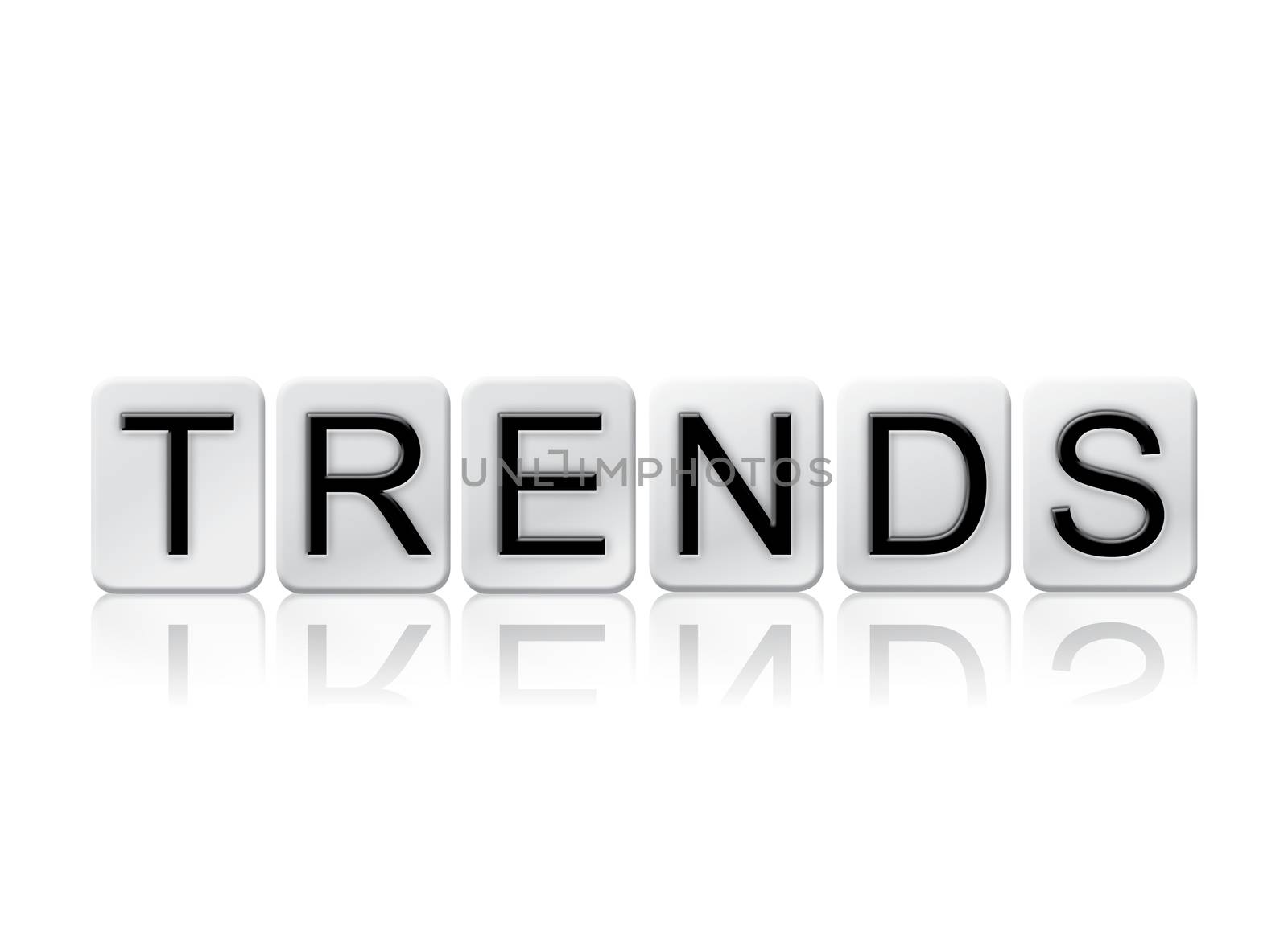 The word "Trends" written in tile letters isolated on a white background.