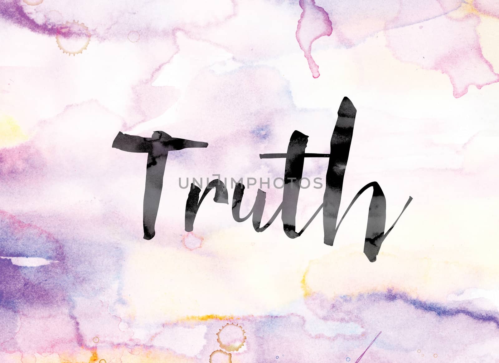 The word "Truth" painted in black ink over a colorful watercolor washed background concept and theme.