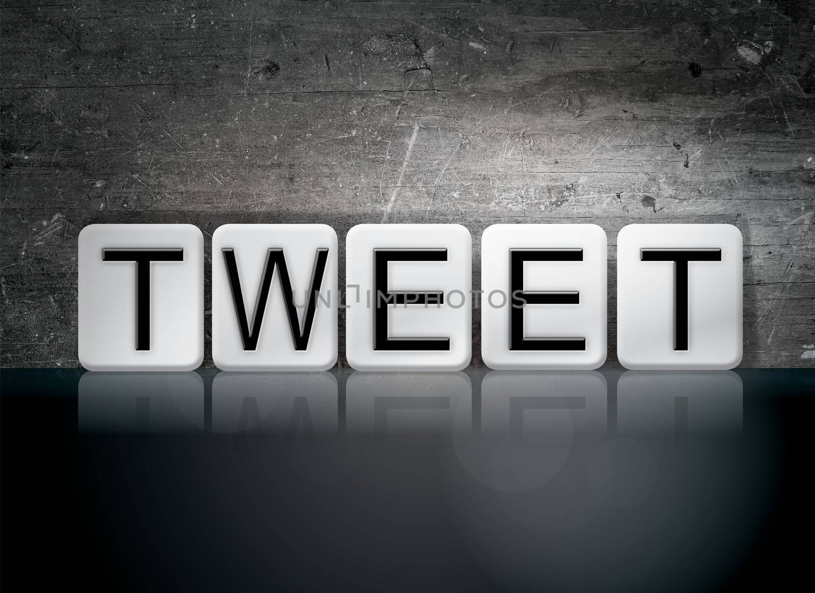 The word "Tweet" written in white tiles against a dark vintage grunge background.