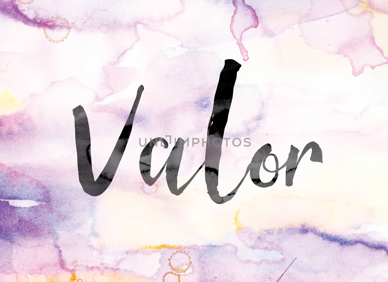 The word "Valor" painted in black ink over a colorful watercolor washed background concept and theme.