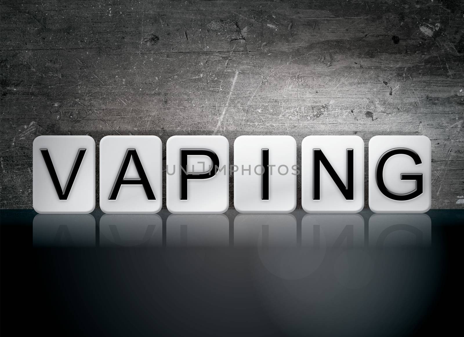 The word "Vaping" written in white tiles against a dark vintage grunge background.