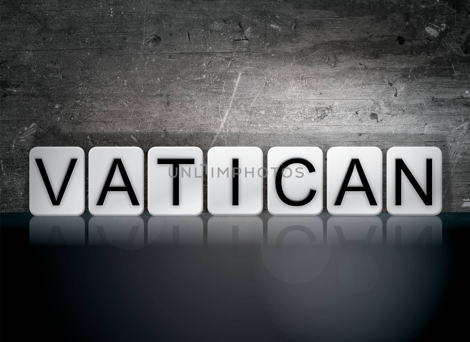 The word "Vatican" written in white tiles against a dark vintage grunge background.