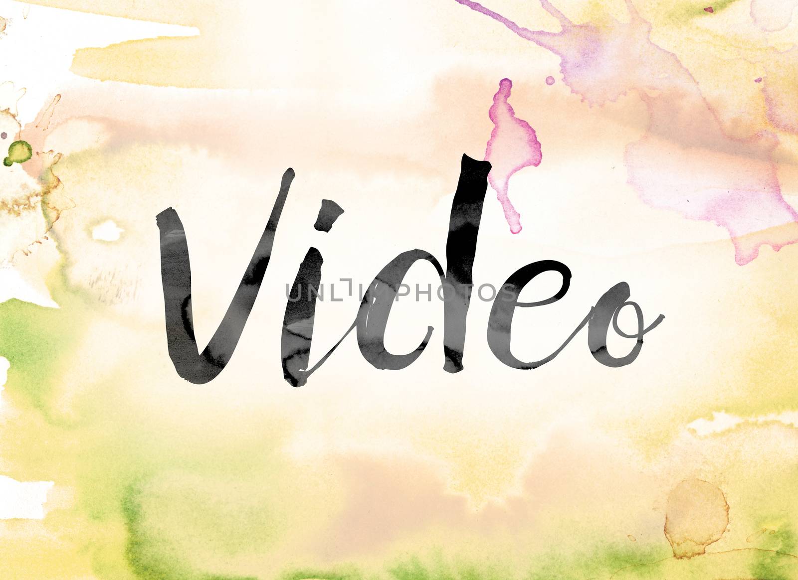 The word "Video" painted in black ink over a colorful watercolor washed background concept and theme.