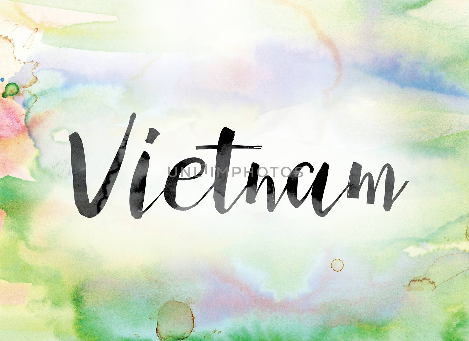 The word "Vietnam" painted in black ink over a colorful watercolor washed background concept and theme.