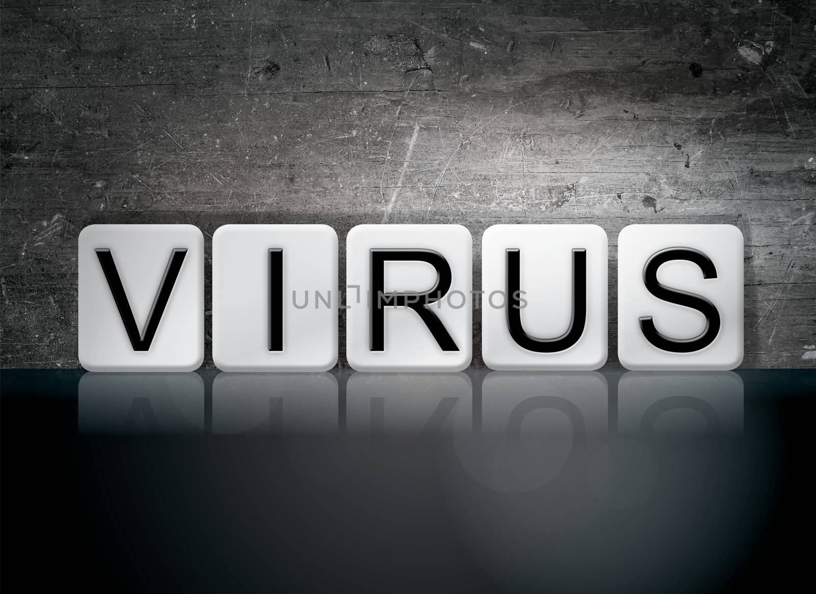 The word "Virus" written in white tiles against a dark vintage grunge background.