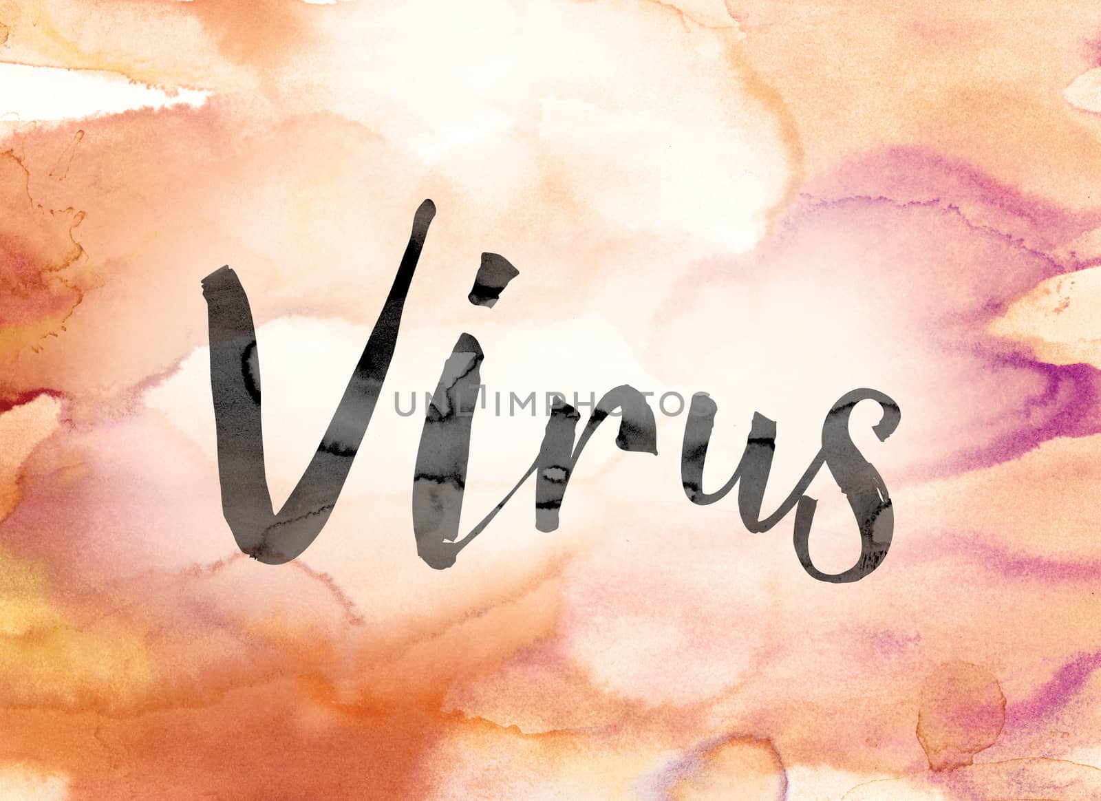 The word "Virus" painted in black ink over a colorful watercolor washed background concept and theme.