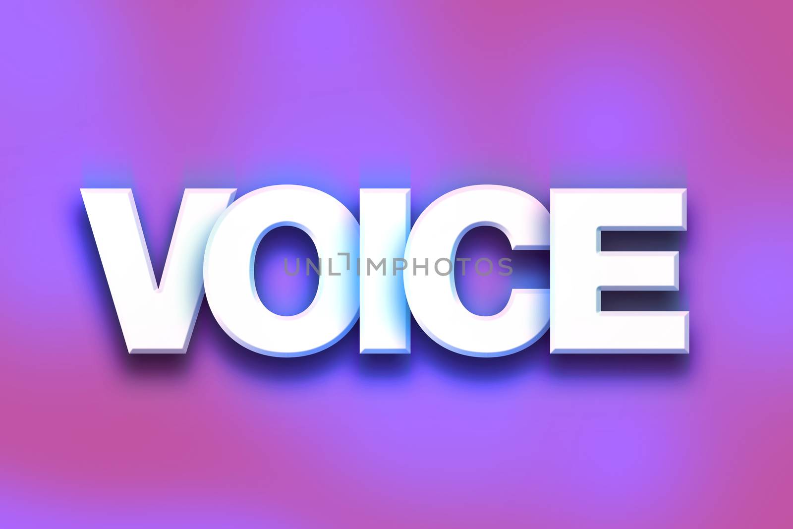 The word "Voice" written in white 3D letters on a colorful background concept and theme.