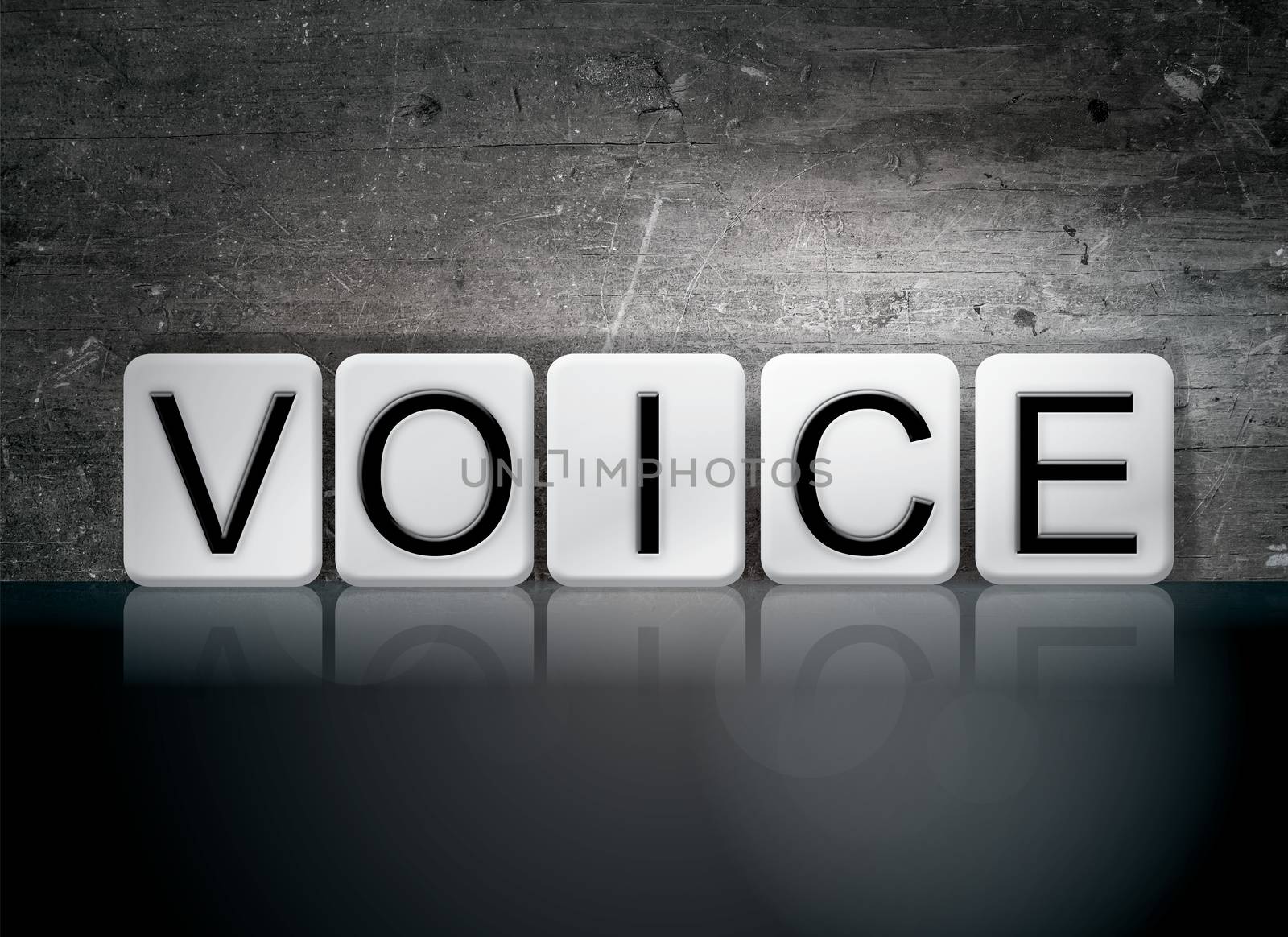 The word "Voice" written in white tiles against a dark vintage grunge background.