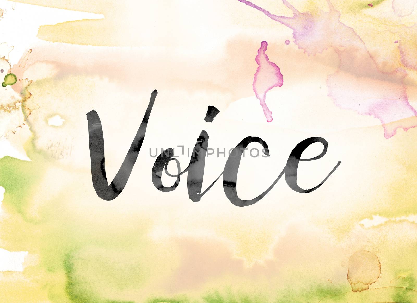 The word "Voice" painted in black ink over a colorful watercolor washed background concept and theme.