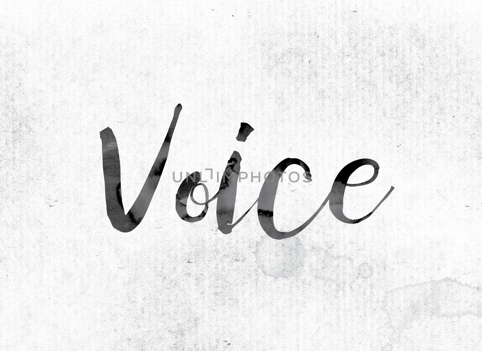 The word "Voice" concept and theme painted in watercolor ink on a white paper.
