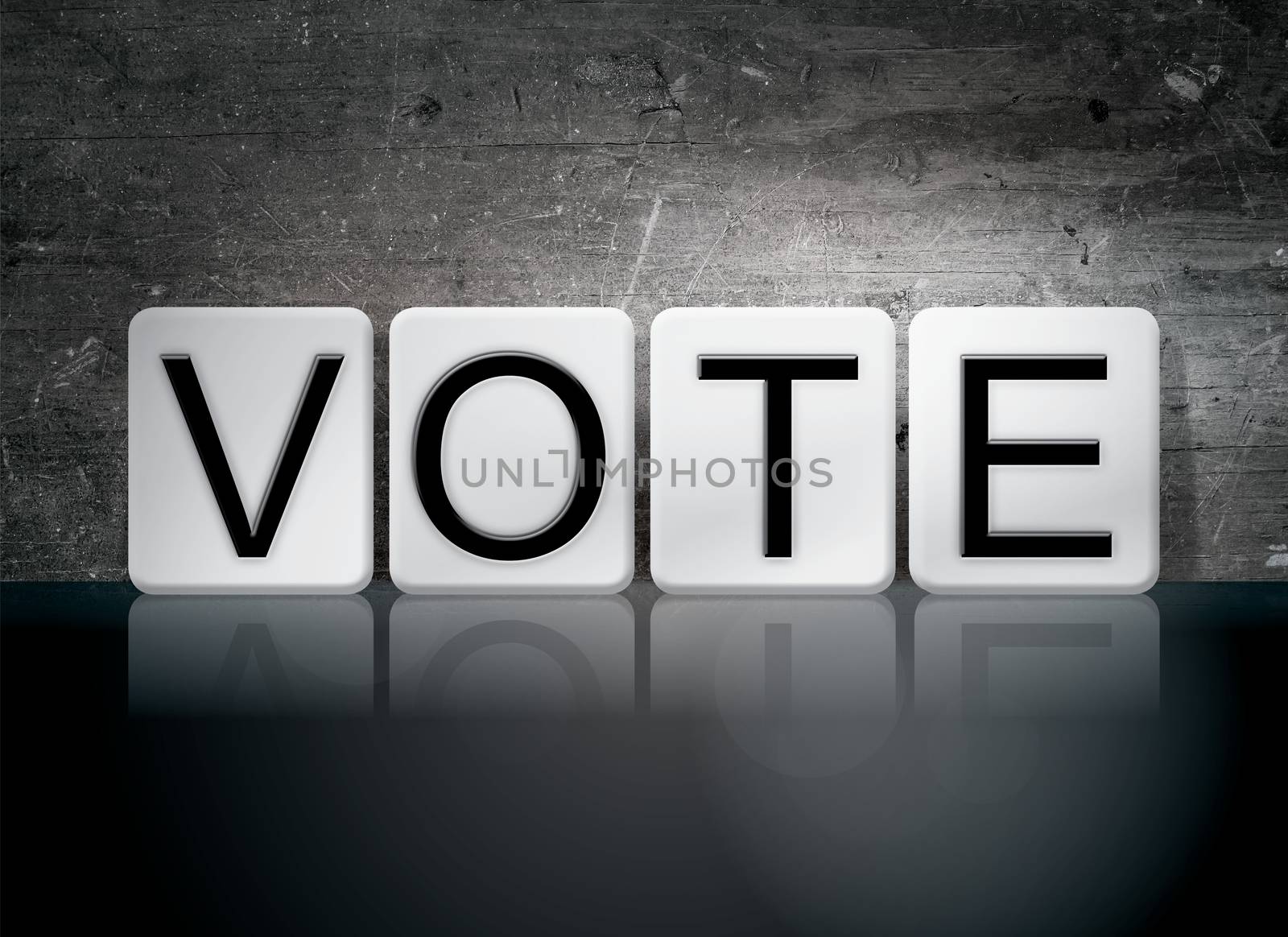 The word "Vote" written in white tiles against a dark vintage grunge background.
