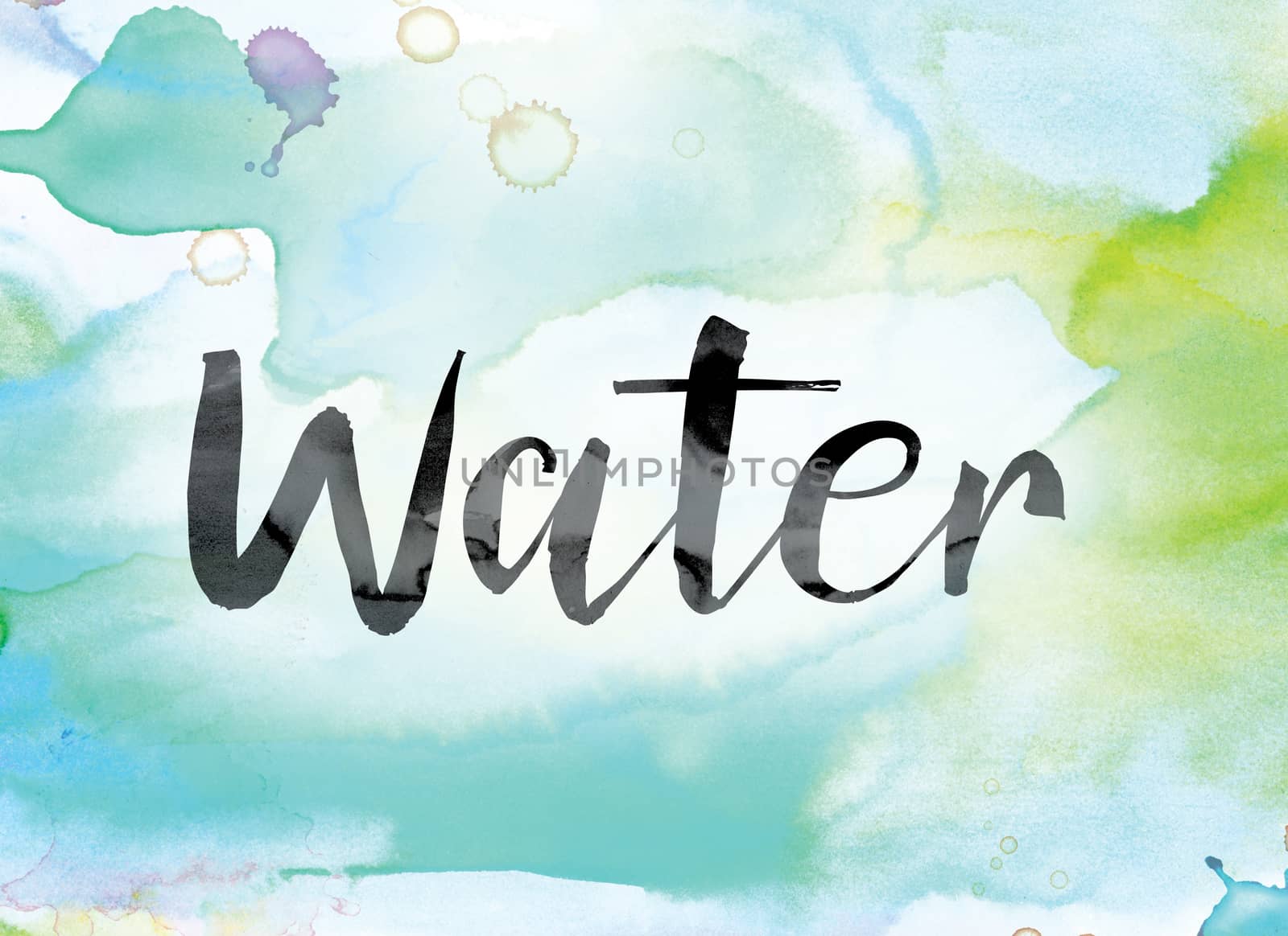 The word "Water" painted in black ink over a colorful watercolor washed background concept and theme.