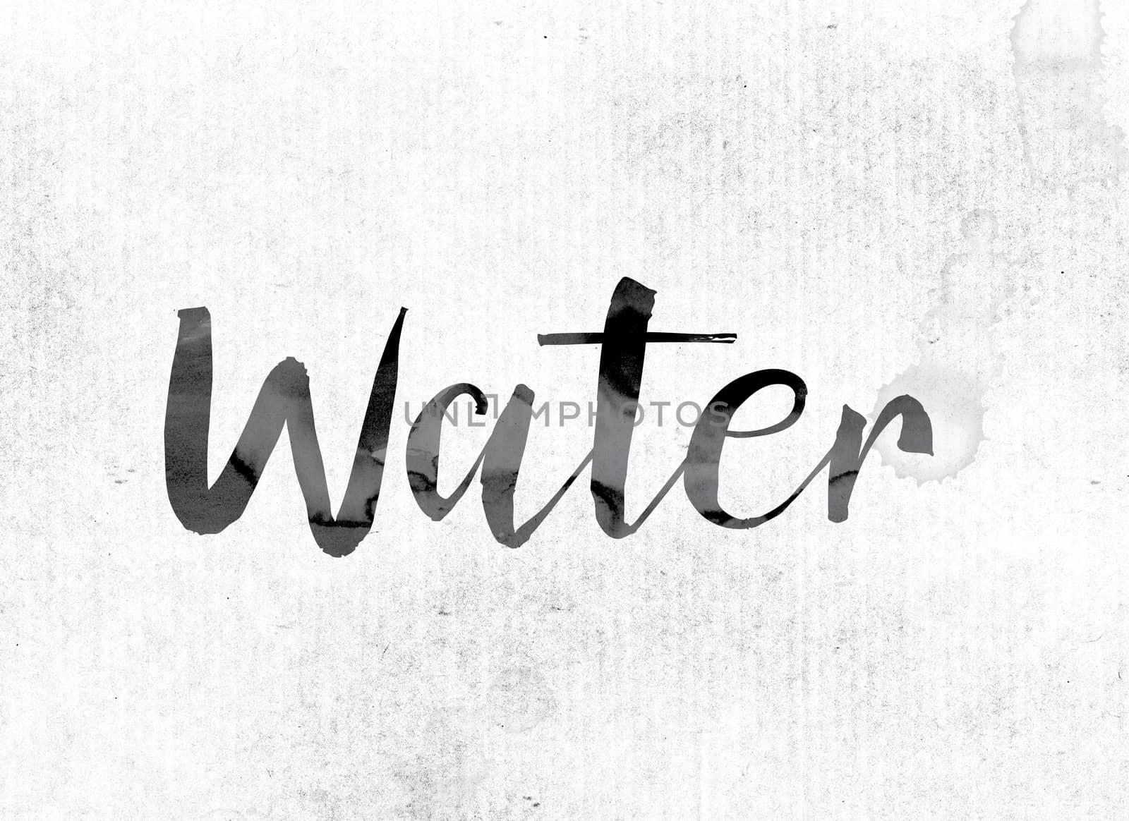 The word "Water" concept and theme painted in watercolor ink on a white paper.