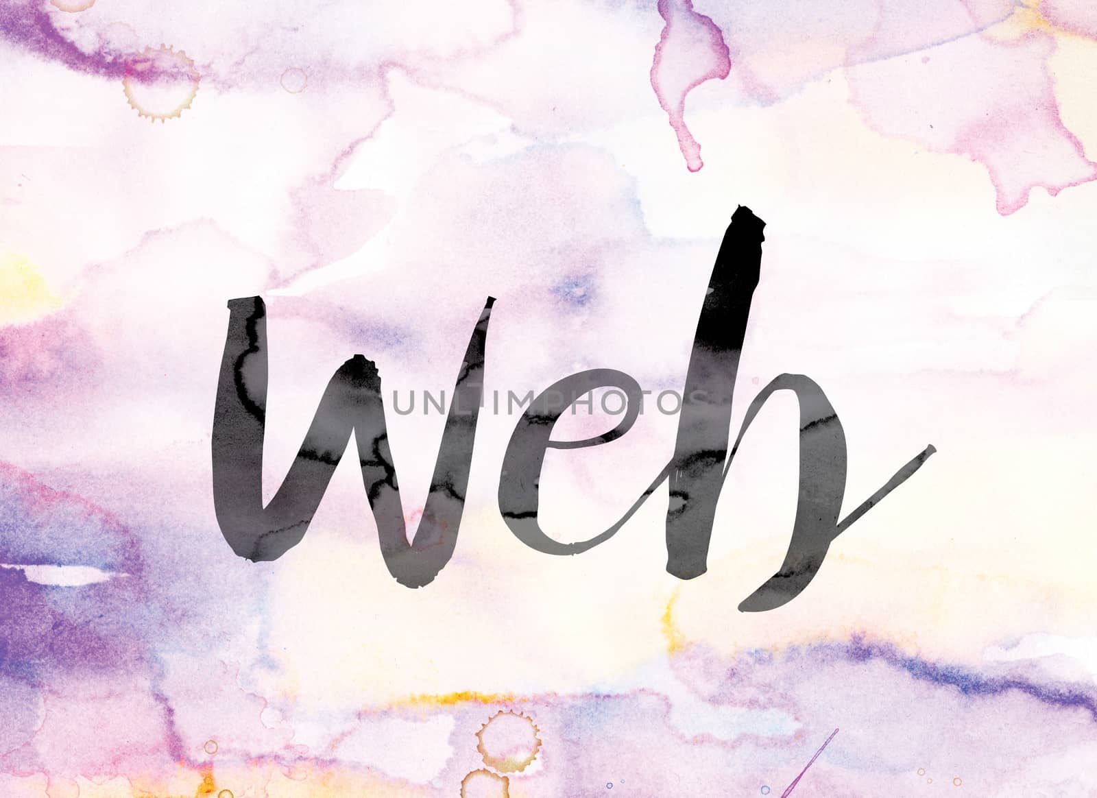 The word "Web" painted in black ink over a colorful watercolor washed background concept and theme.