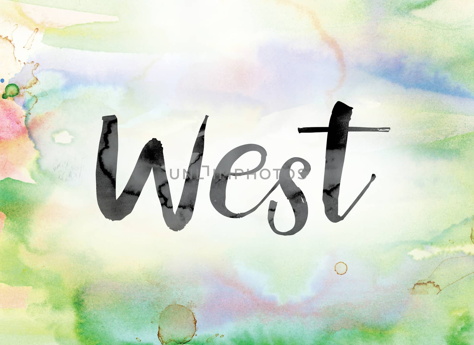The word "West" painted in black ink over a colorful watercolor washed background concept and theme.