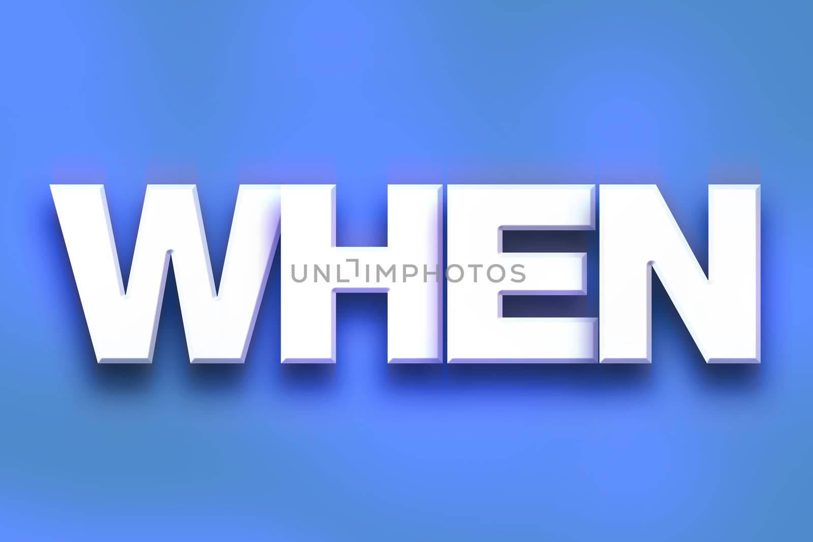 The word "When" written in white 3D letters on a colorful background concept and theme.