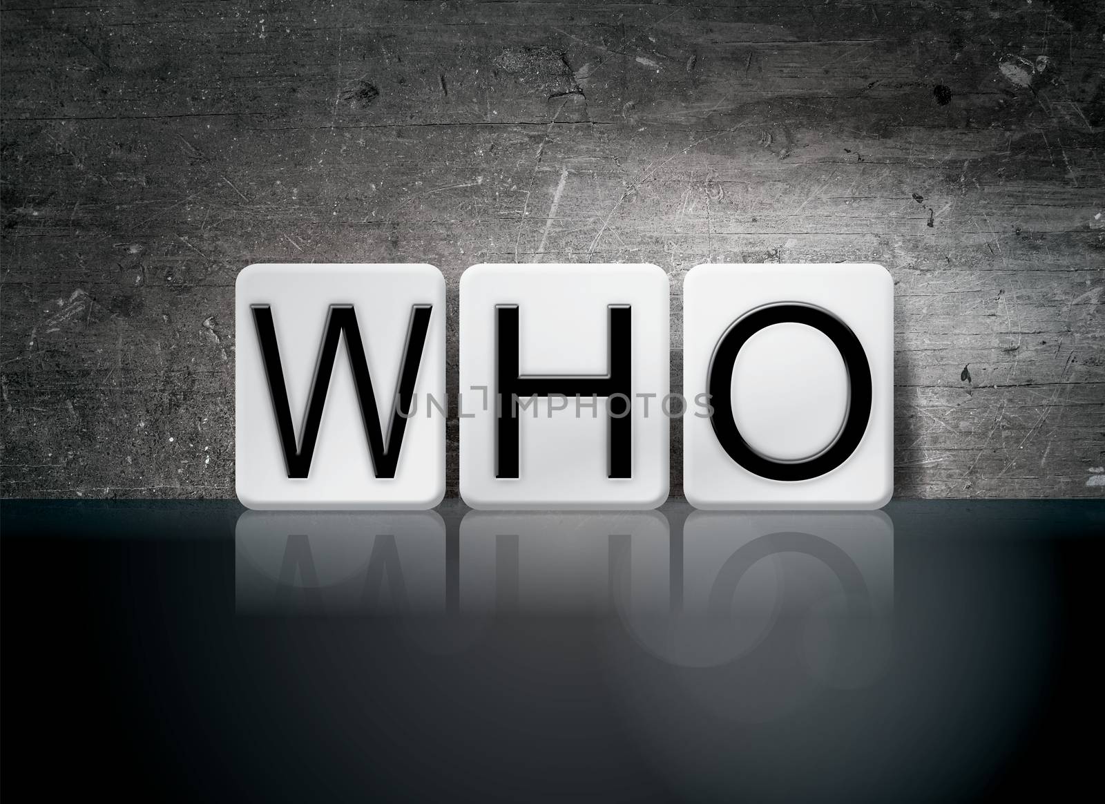 The word "Who" written in white tiles against a dark vintage grunge background.