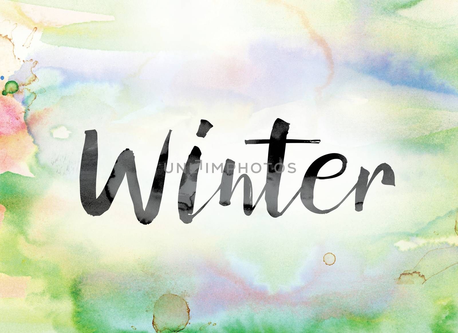 The word "Winter" painted in black ink over a colorful watercolor washed background concept and theme.