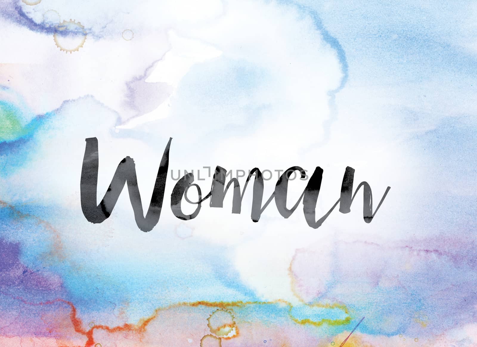 The word "Woman" painted in black ink over a colorful watercolor washed background concept and theme.