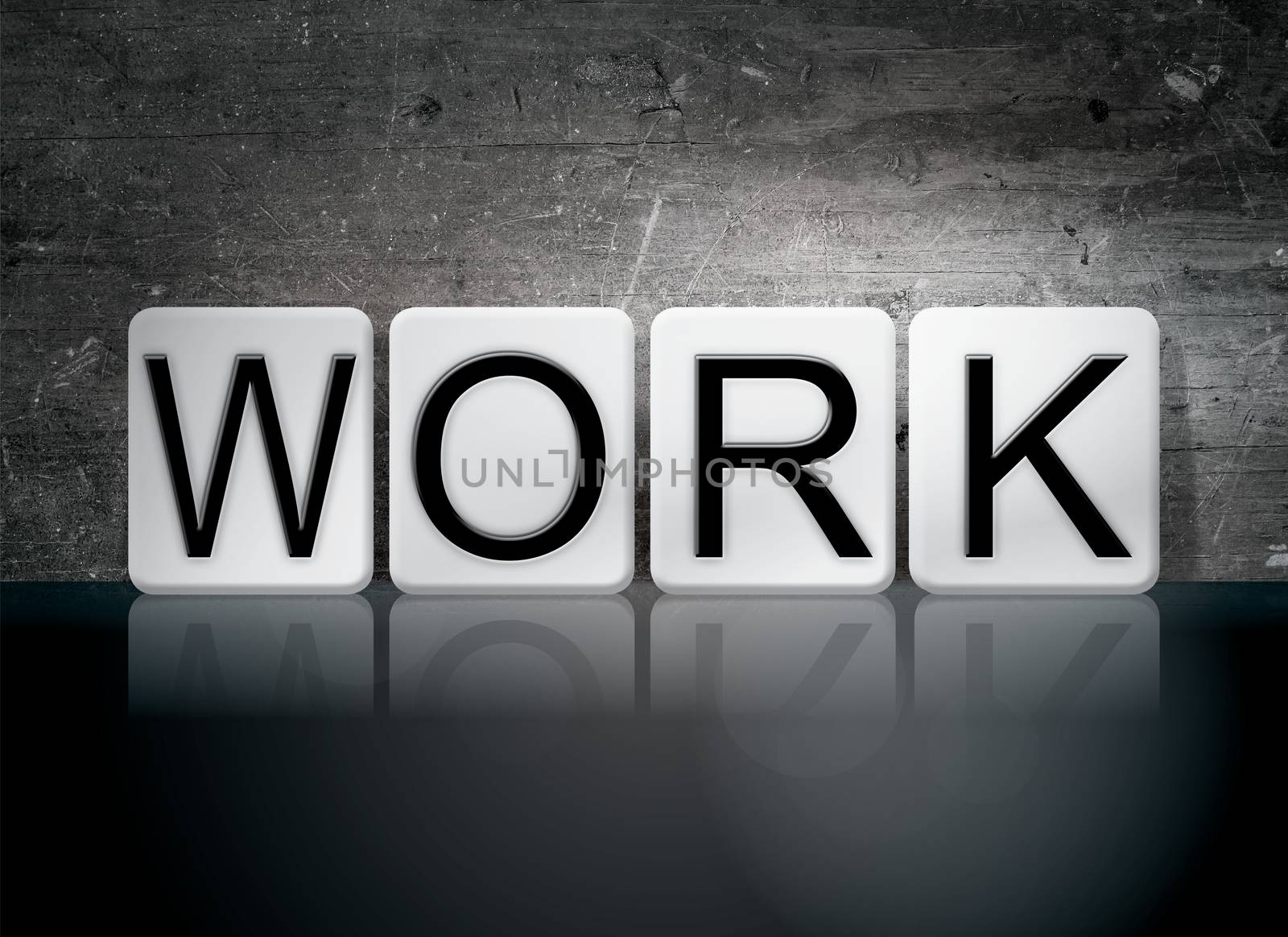 The word "Work" written in white tiles against a dark vintage grunge background.