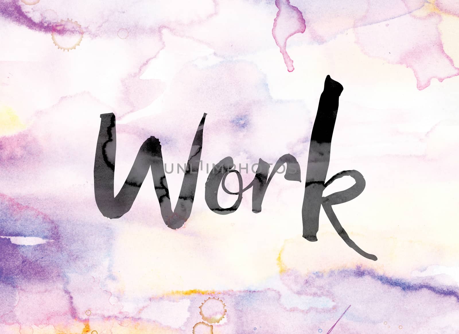 The word "Work" painted in black ink over a colorful watercolor washed background concept and theme.