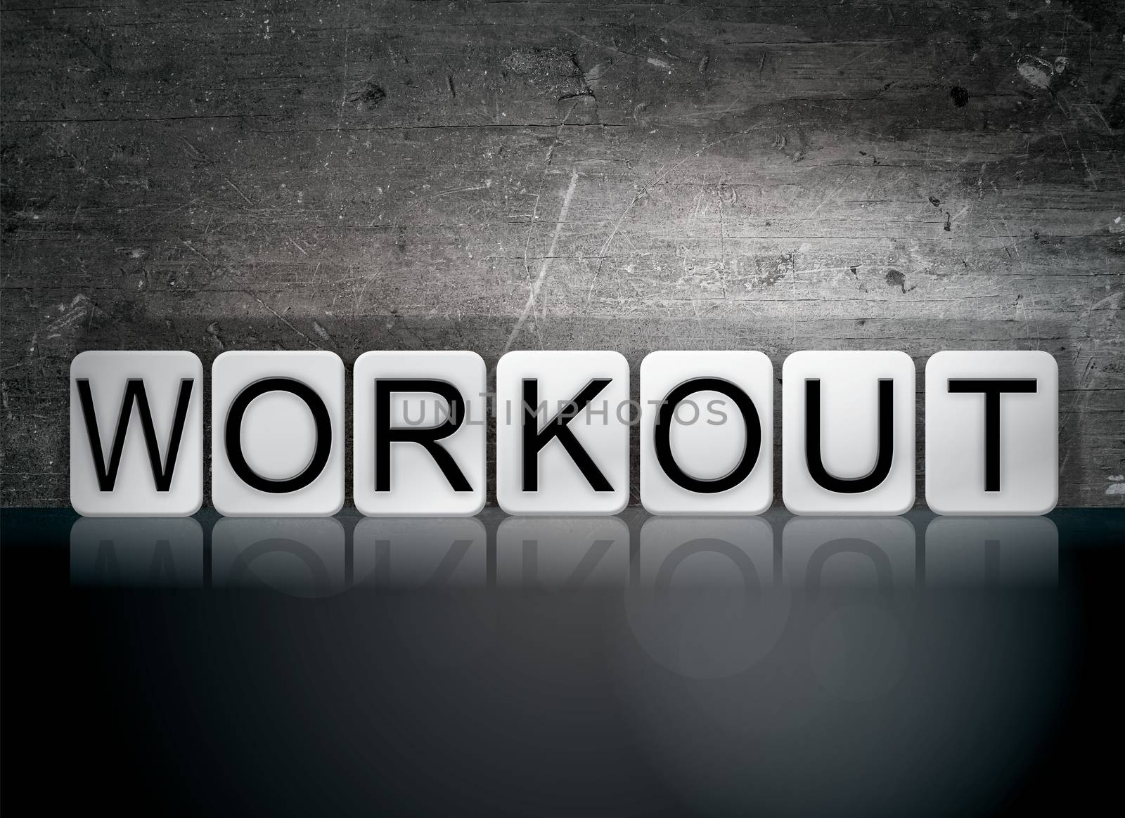 The word "Workout" written in white tiles against a dark vintage grunge background.