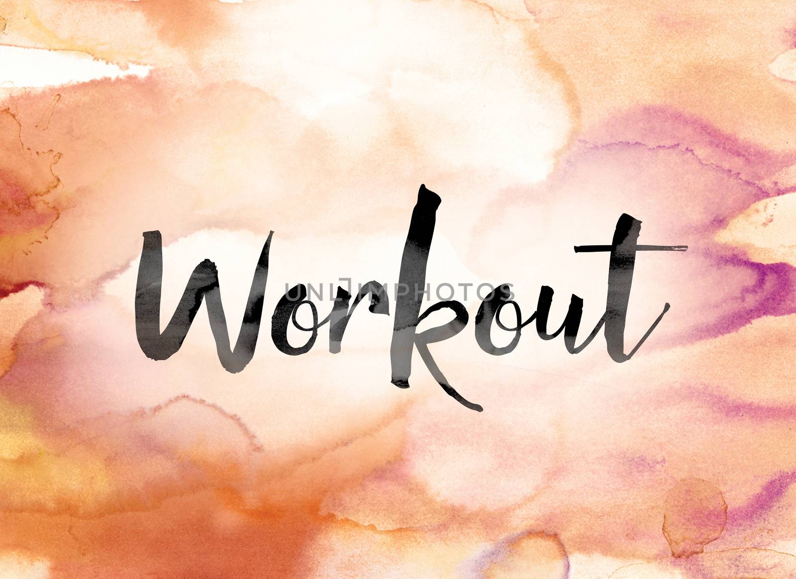 The word "Workout" painted in black ink over a colorful watercolor washed background concept and theme.