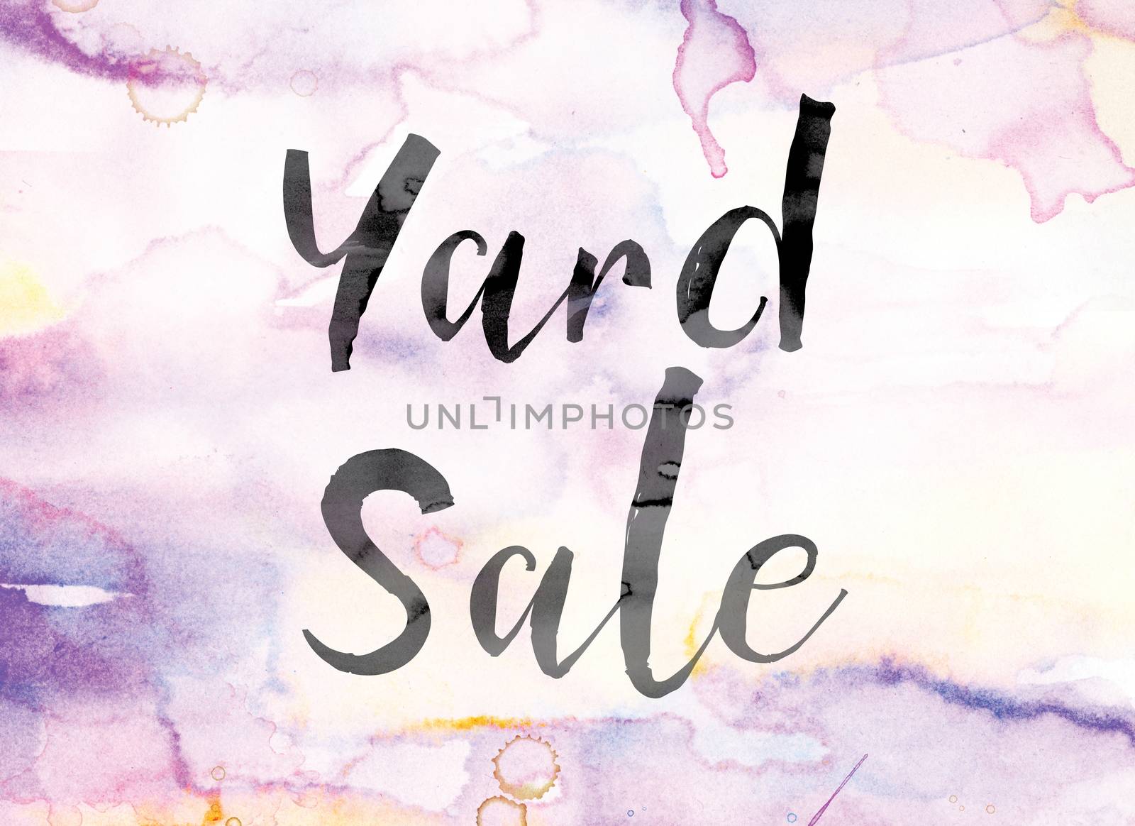 The word "Yard Sale" painted in black ink over a colorful watercolor washed background concept and theme.