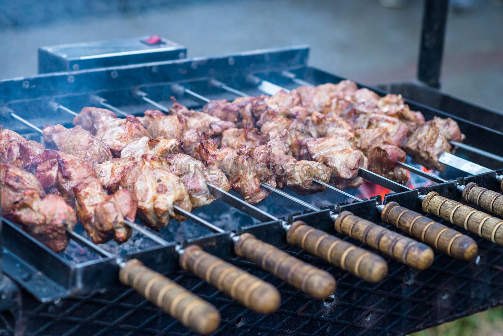 delicious meat on skewers cooked on fire