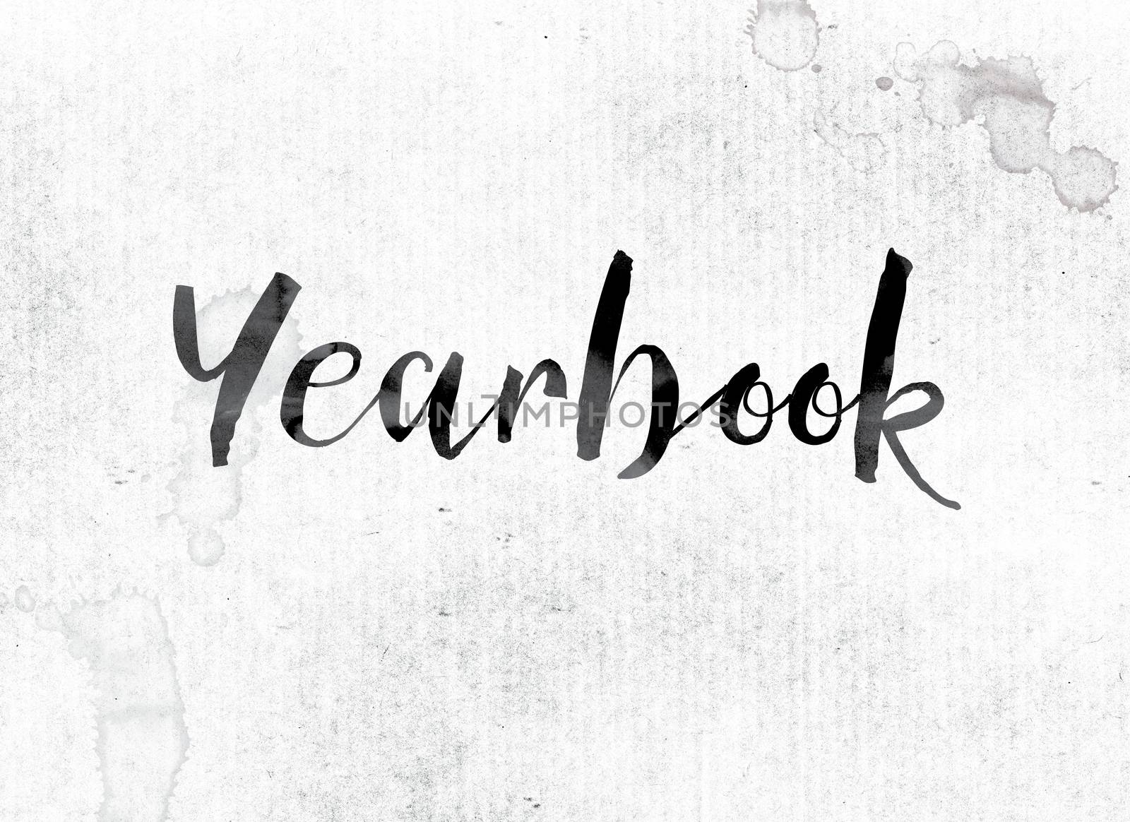 The word "Yearbook" concept and theme painted in watercolor ink on a white paper.