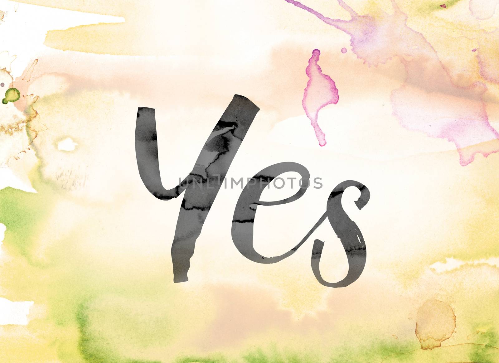 Yes Colorful Watercolor and Ink Word Art by enterlinedesign
